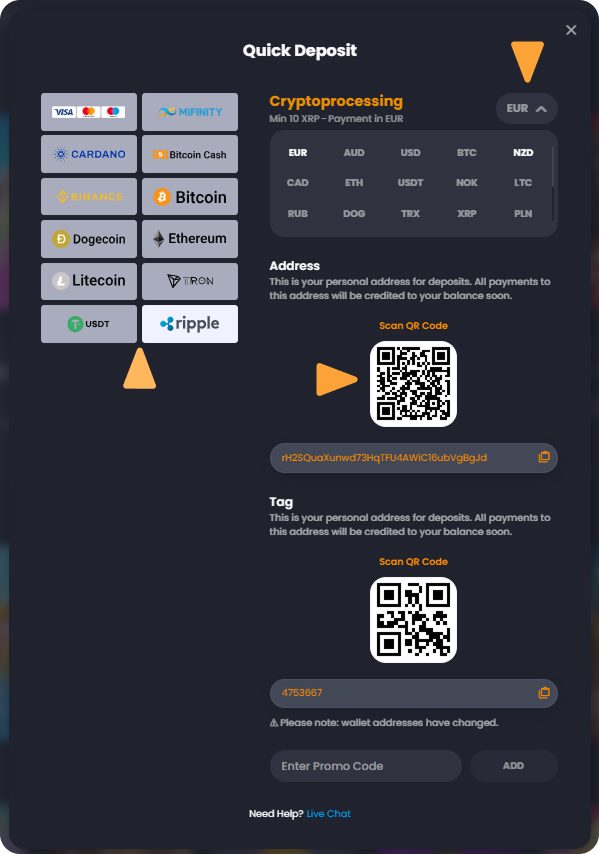 How to Deposit with Ripple (XRP) on Bitkingz Casino step 2 Deposit Crypto